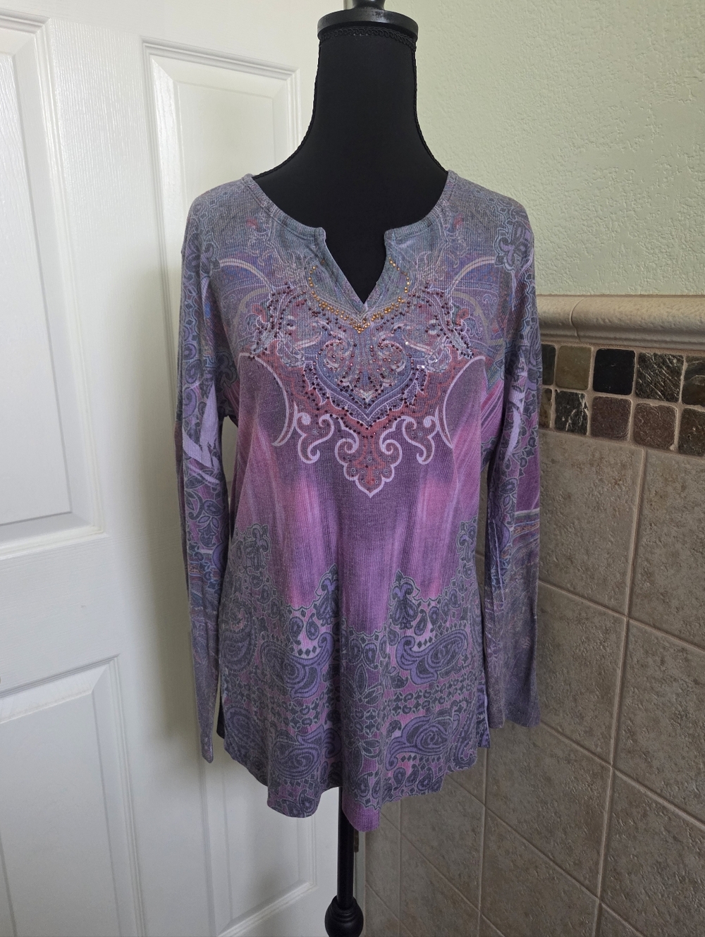 Kiara Purple Paisley Beaded Long-Sleeve Top Y2K Biker Chic Casual Vacay Size XL